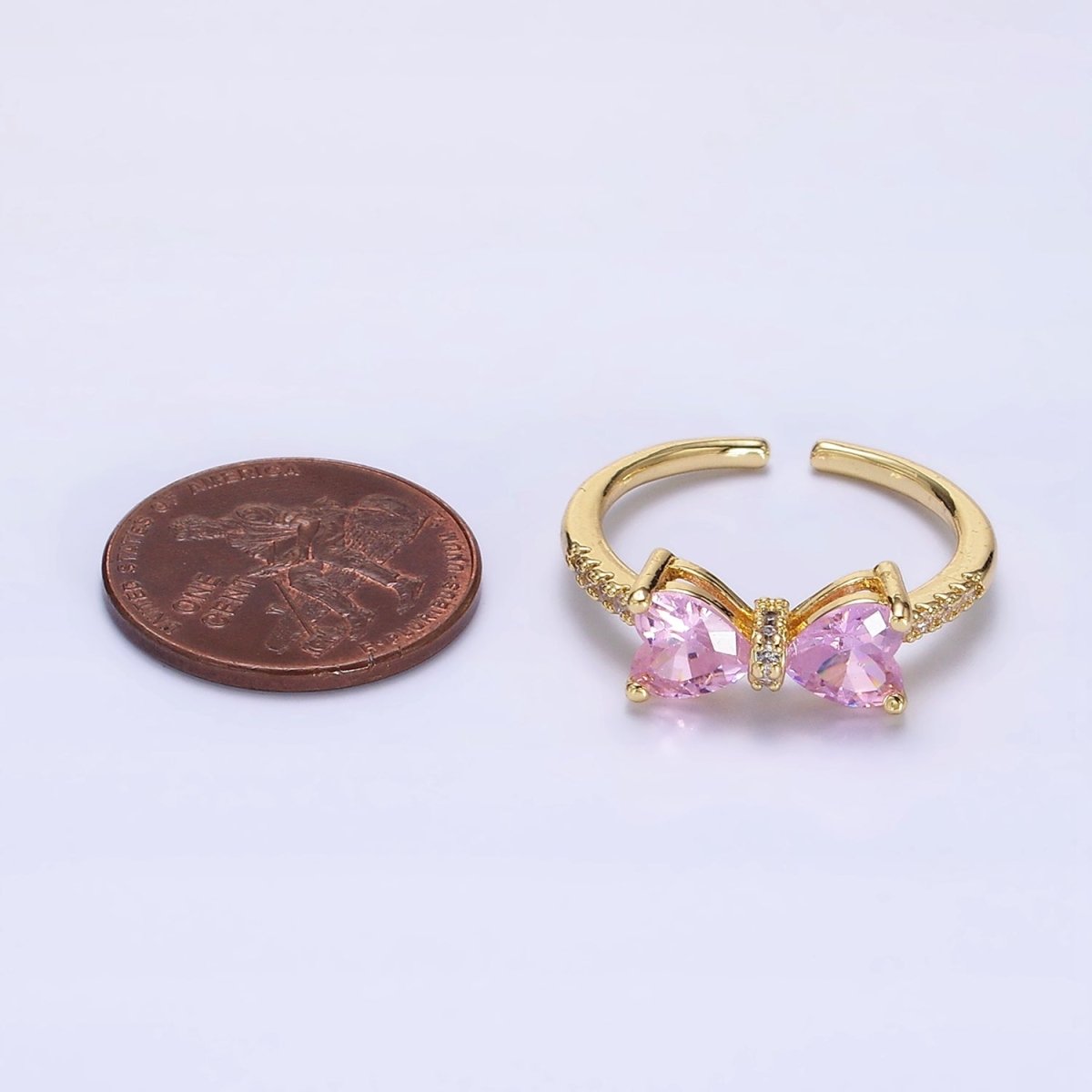 14K Gold Filled Pink, Clear CZ Heart Ribbon Micro Paved Ring | O-637 O-638 - DLUXCA