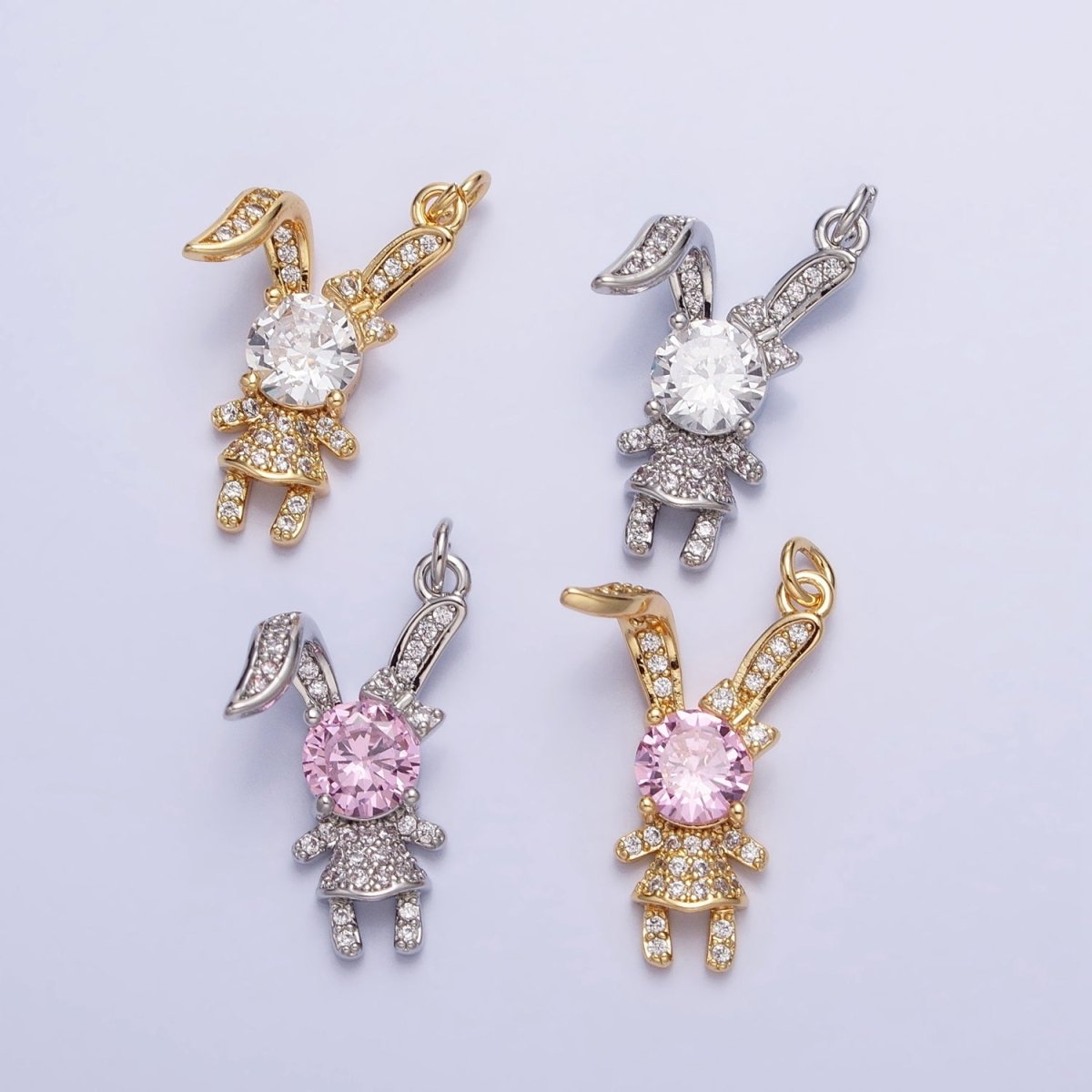 14K Gold Filled Pink, Clear CZ Micro Paved Rabbit Bunny Charm in Silver & Gold | AC398 AC441, E333 E334 - DLUXCA