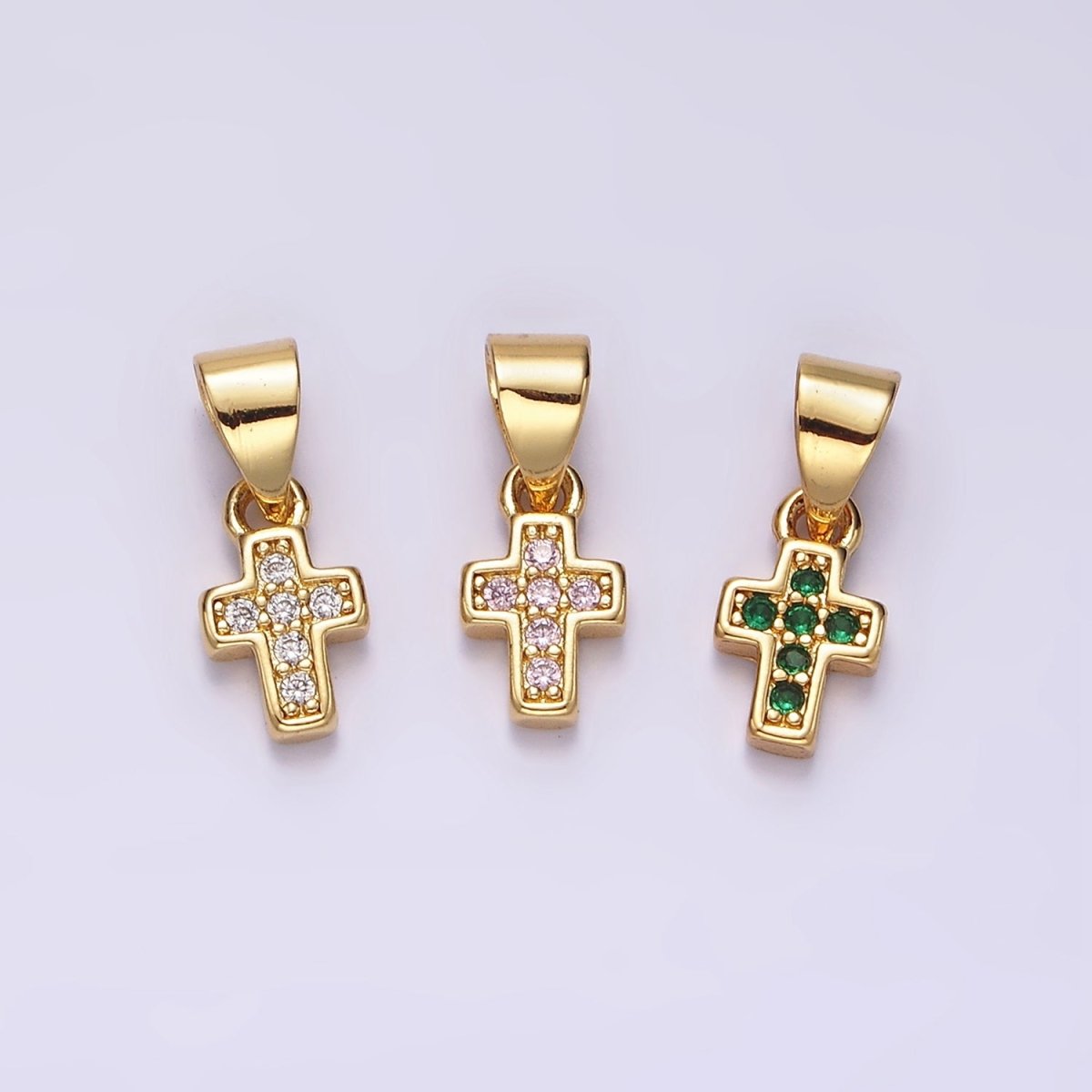 14K Gold Filled Pink, Clear, Green CZ Micro Paved Religious Cross Mini Pendant | N1917 - N1919 - DLUXCA