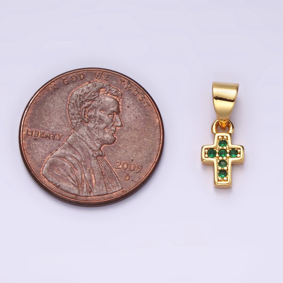 14K Gold Filled Pink, Clear, Green CZ Micro Paved Religious Cross Mini Pendant | N1917 - N1919 - DLUXCA