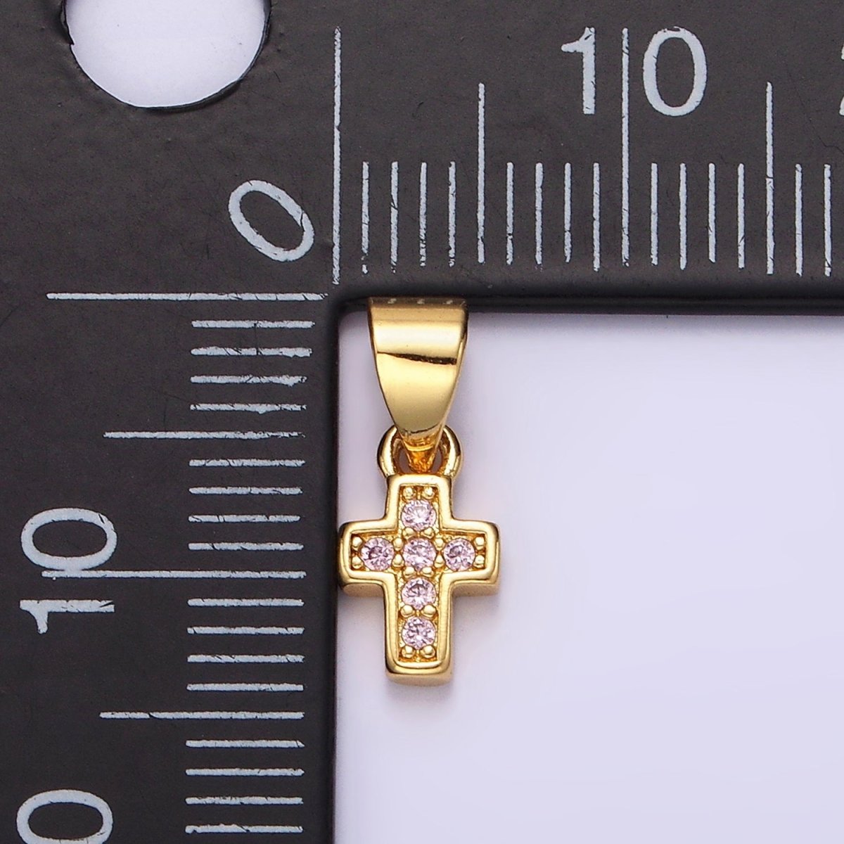 14K Gold Filled Pink, Clear, Green CZ Micro Paved Religious Cross Mini Pendant | N1917 - N1919 - DLUXCA