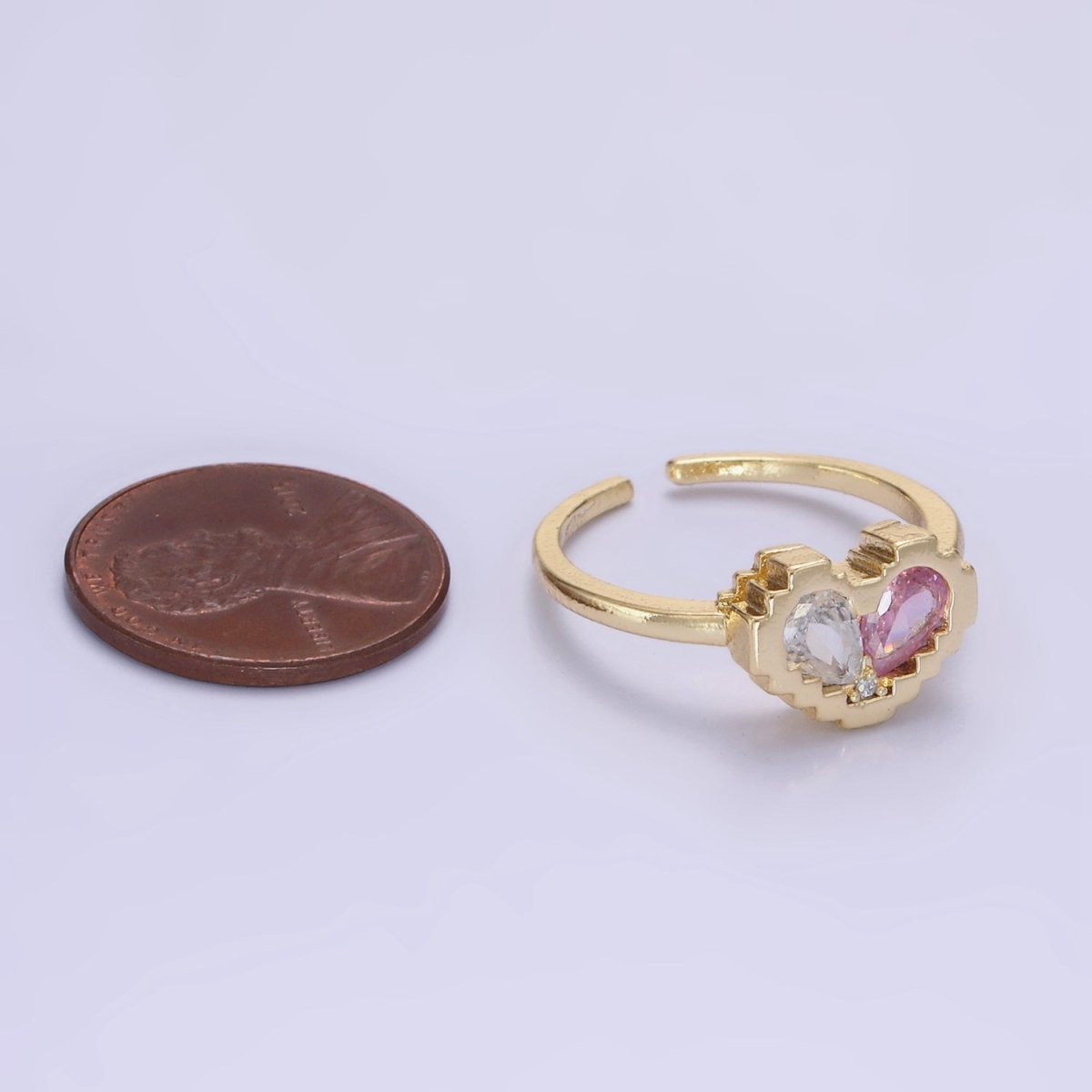 14K Gold Filled Pink Clear Teardrop CZ Heart Pixel Bezel Ring in Gold & Silver | O1331 O1332 - DLUXCA