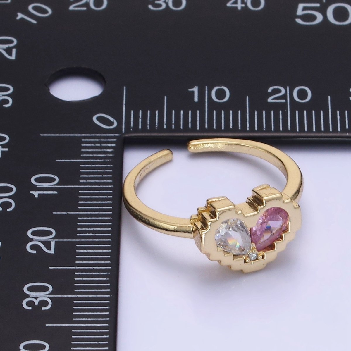 14K Gold Filled Pink Clear Teardrop CZ Heart Pixel Bezel Ring in Gold & Silver | O1331 O1332 - DLUXCA