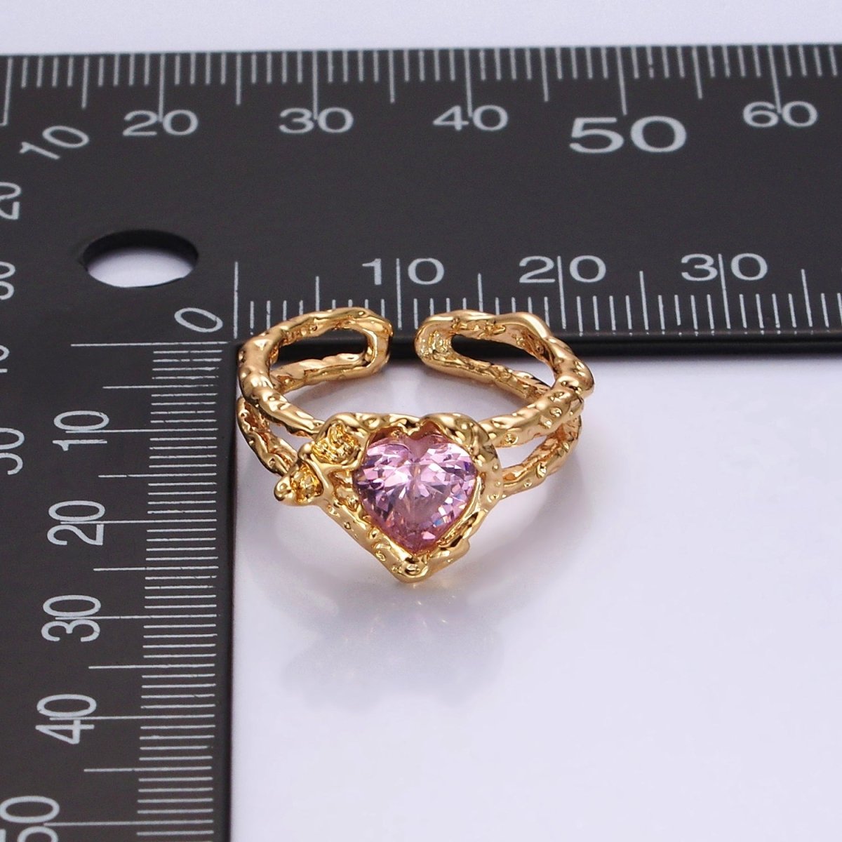 14K Gold Filled Pink CZ Heart Dented Molten Double Band Ring | O1063 - DLUXCA