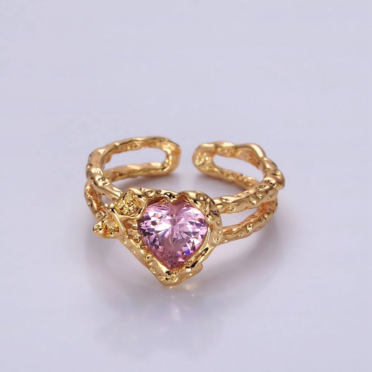 14K Gold Filled Pink CZ Heart Dented Molten Double Band Ring | O1063 - DLUXCA