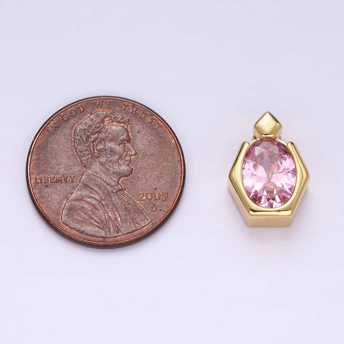 14K Gold Filled Pink CZ Oval Hexagonal Rhombus Bail Pendant | N1920 - DLUXCA