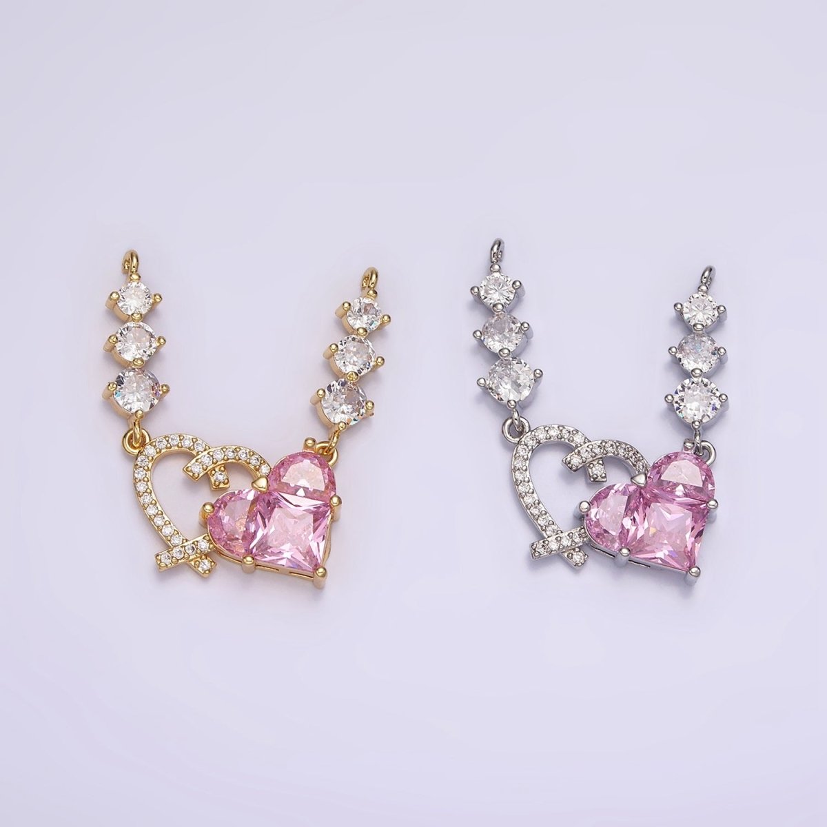 14K Gold Filled Pink CZ Pixelated Micro Paved Open Heart Triple CZ Connector in Gold & Silver | G-082 G-083 - DLUXCA