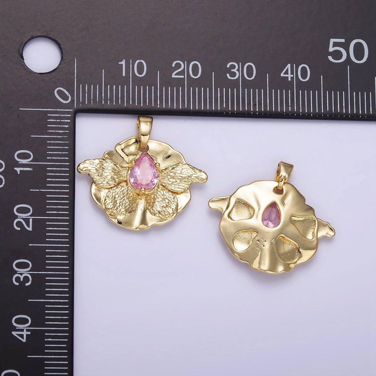 14K Gold Filled Pink CZ Teardrop Butterfly Wings Hammered Pendant | AH144 - DLUXCA