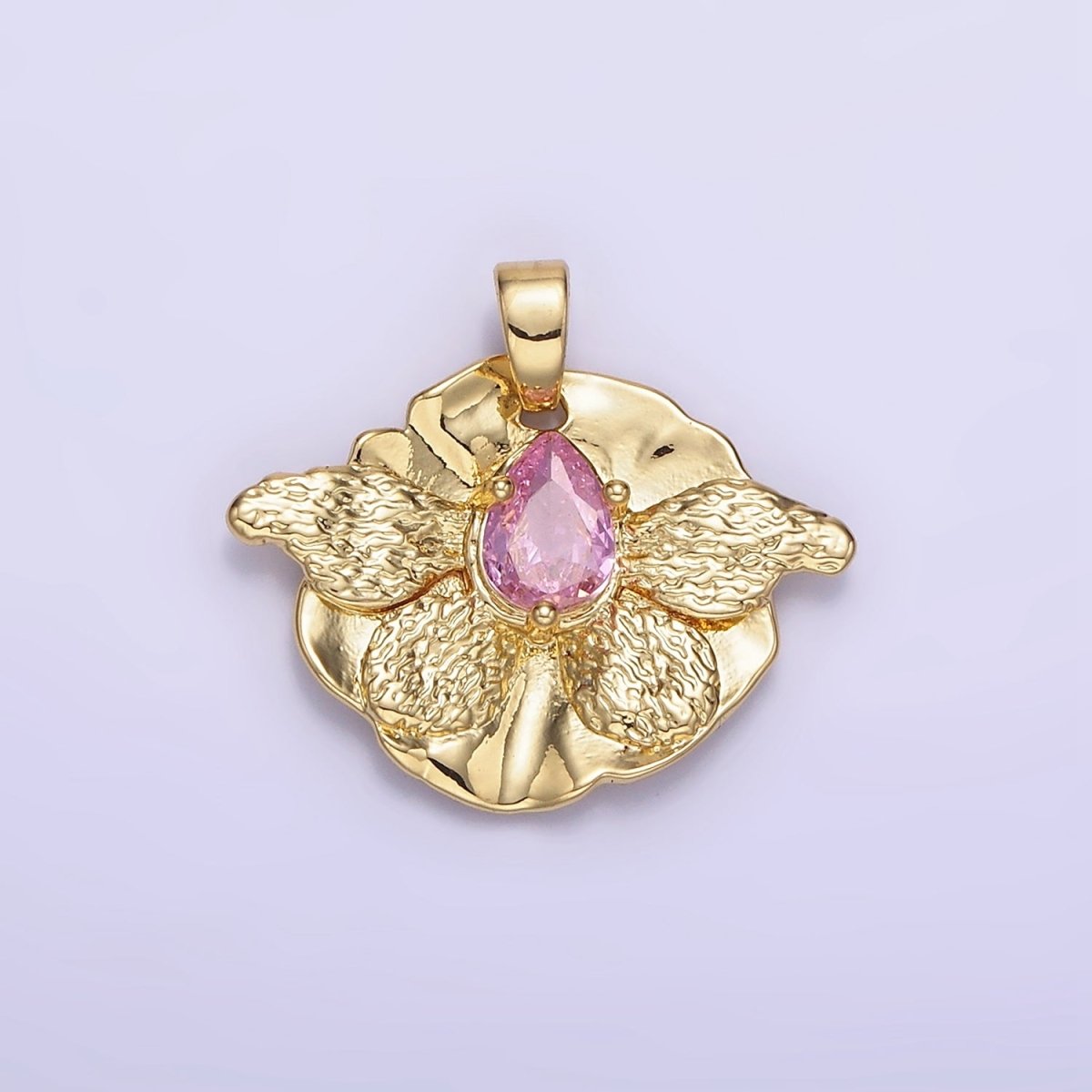 14K Gold Filled Pink CZ Teardrop Butterfly Wings Hammered Pendant | AH144 - DLUXCA