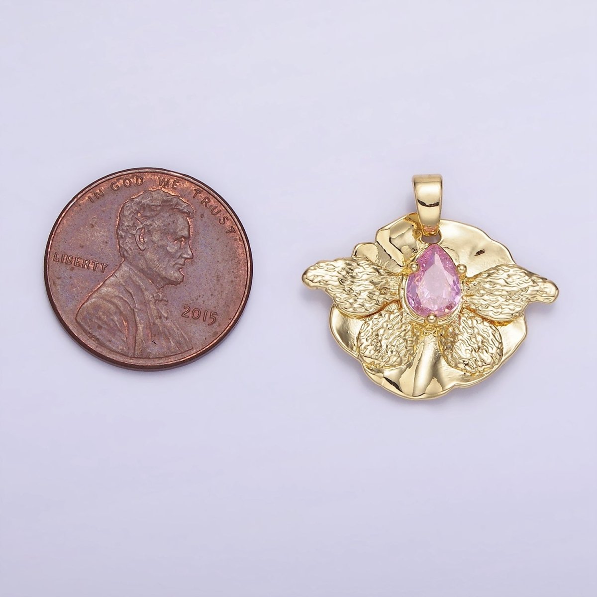 14K Gold Filled Pink CZ Teardrop Butterfly Wings Hammered Pendant | AH144 - DLUXCA