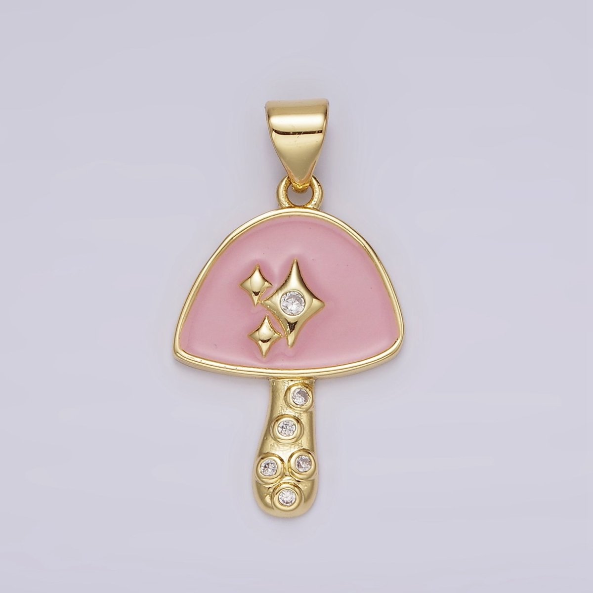 14K Gold Filled Pink Enamel CZ Sparkle Mushroom Pendant | AH076 - DLUXCA