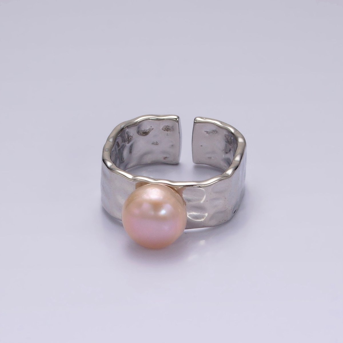 14K Gold Filled Pink Pearl Hammered Wide Band Ring in Gold & Silver | O1098 O1099 - DLUXCA