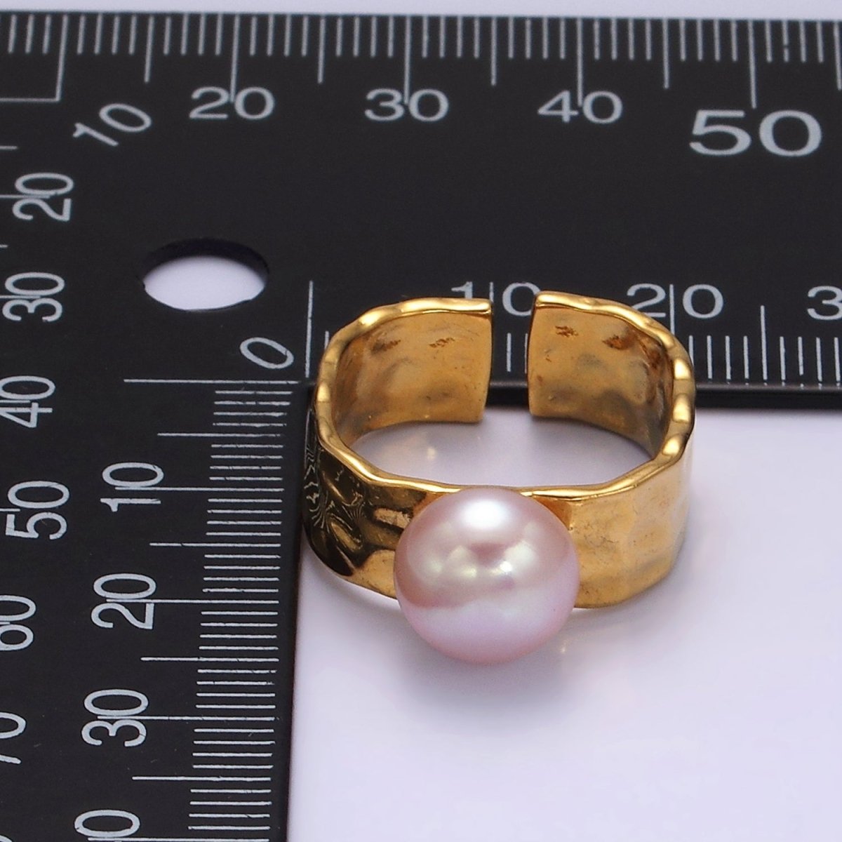 14K Gold Filled Pink Pearl Hammered Wide Band Ring in Gold & Silver | O1098 O1099 - DLUXCA