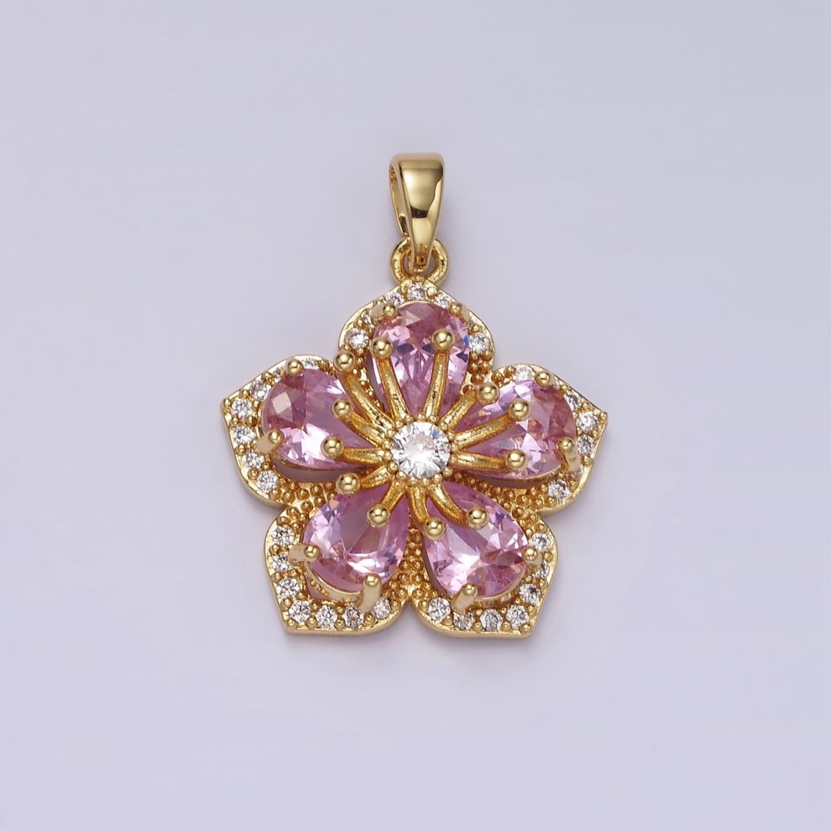 14K Gold Filled Pink Petal Clear Micro Paved CZ Flower Pendant | AH049 - DLUXCA