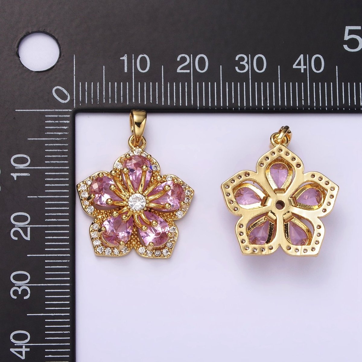 14K Gold Filled Pink Petal Clear Micro Paved CZ Flower Pendant | AH049 - DLUXCA