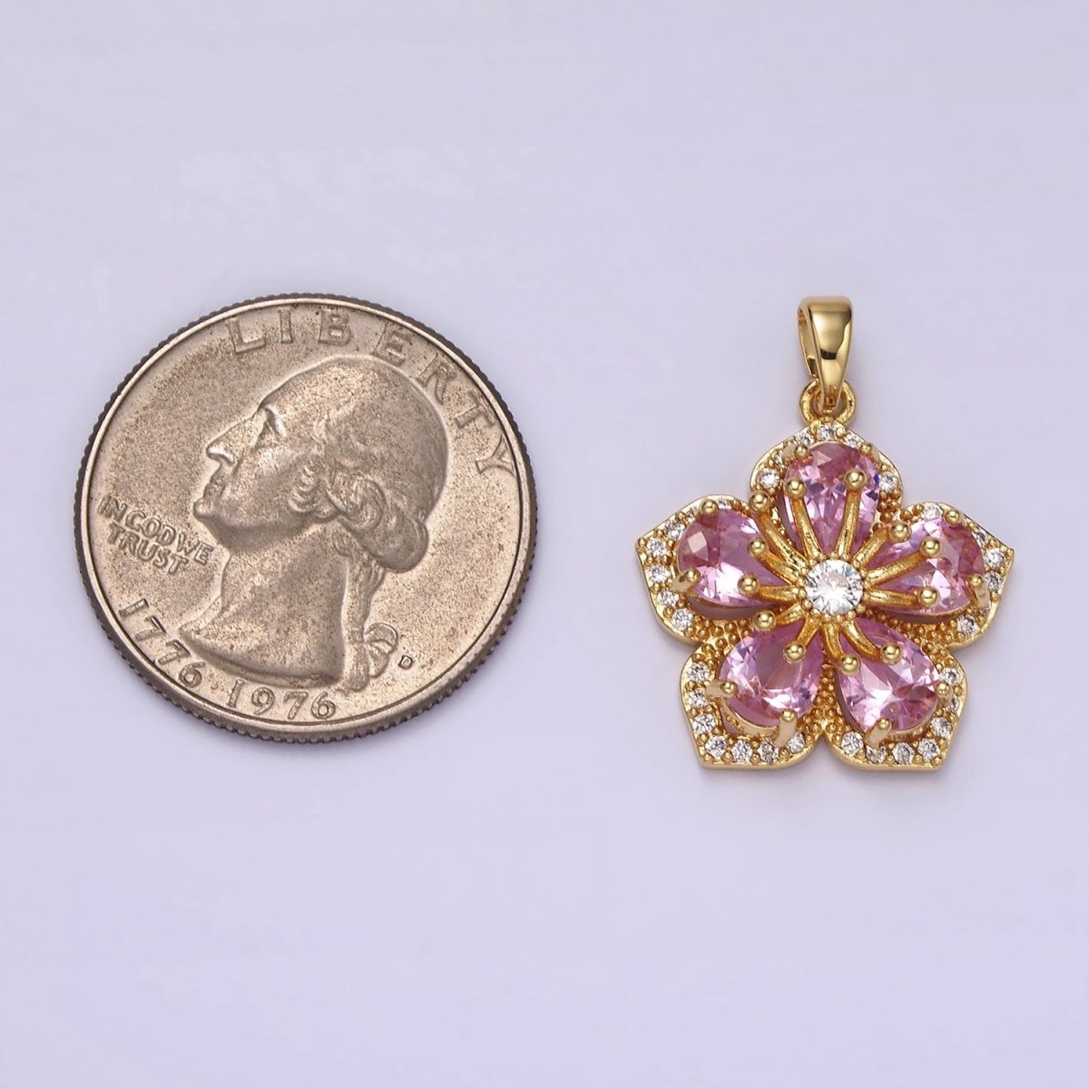 14K Gold Filled Pink Petal Clear Micro Paved CZ Flower Pendant | AH049 - DLUXCA