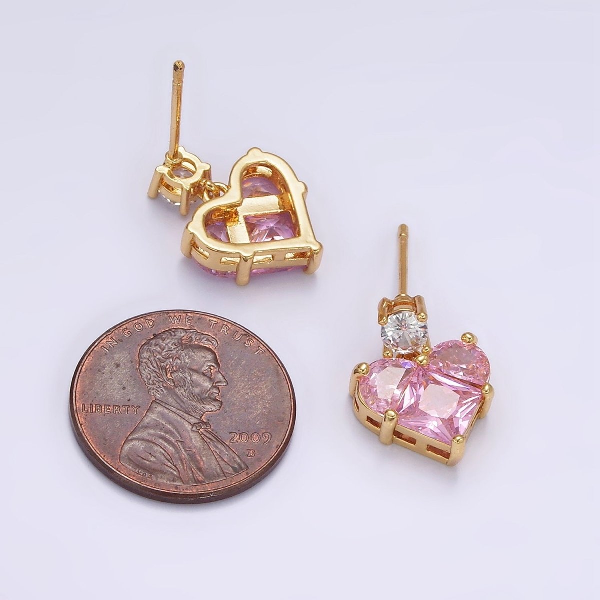 14K Gold Filled Pink Pixelated CZ Heart Drop Stud Earrings | AB485 - DLUXCA