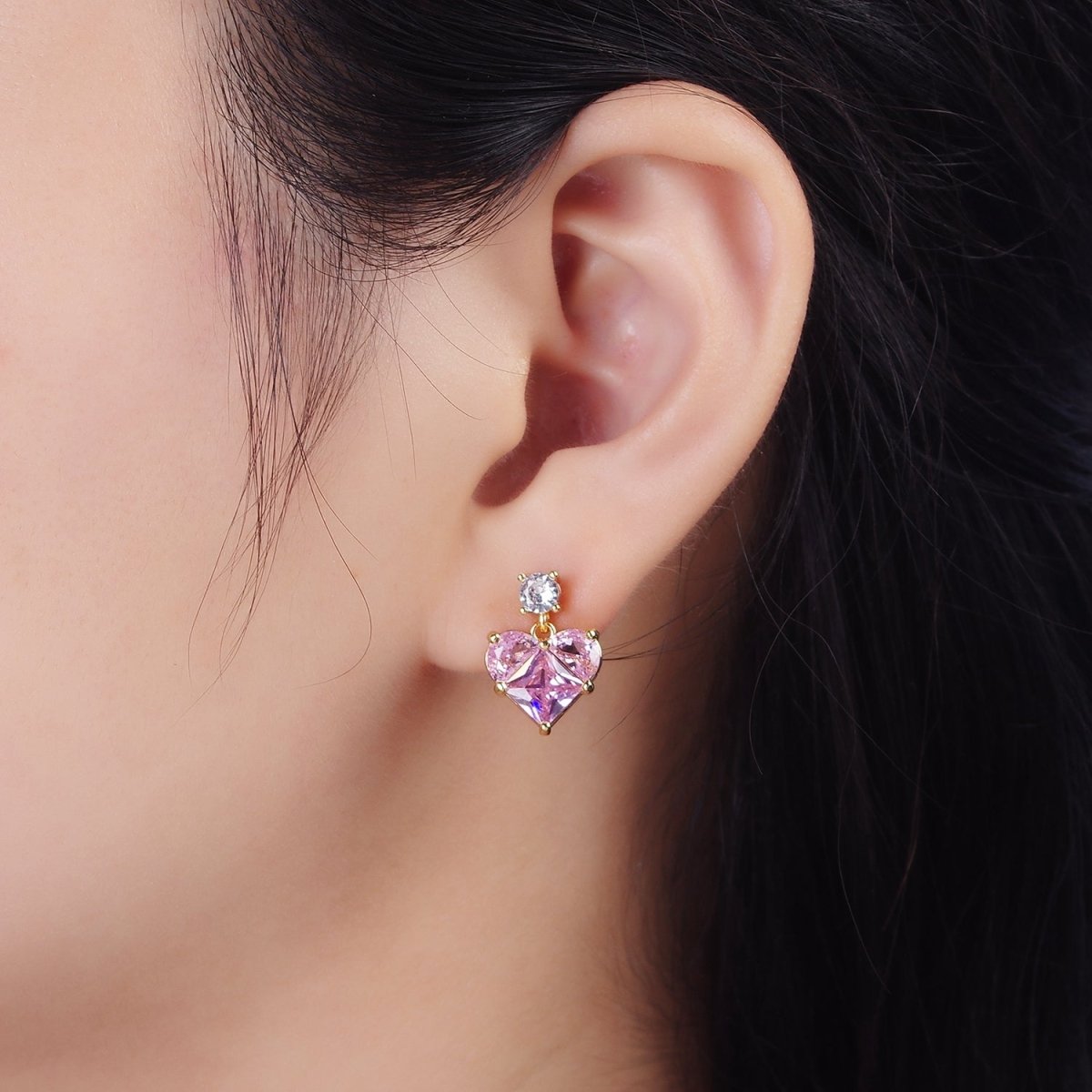 14K Gold Filled Pink Pixelated CZ Heart Drop Stud Earrings | AB485 - DLUXCA