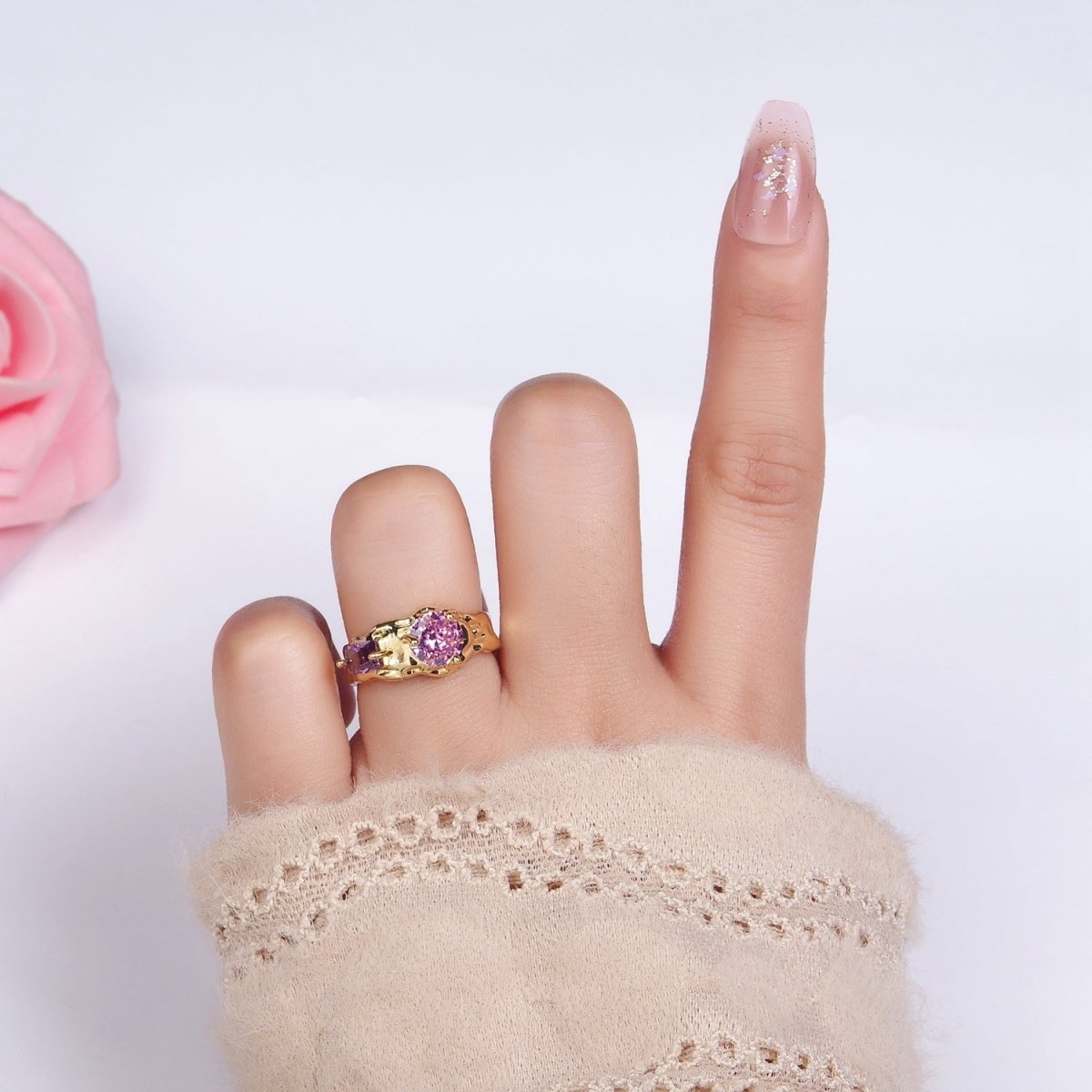 14K Gold Filled Pink Purple CZ Hammered Ring in Gold & Silver | O1329 O1330 - DLUXCA