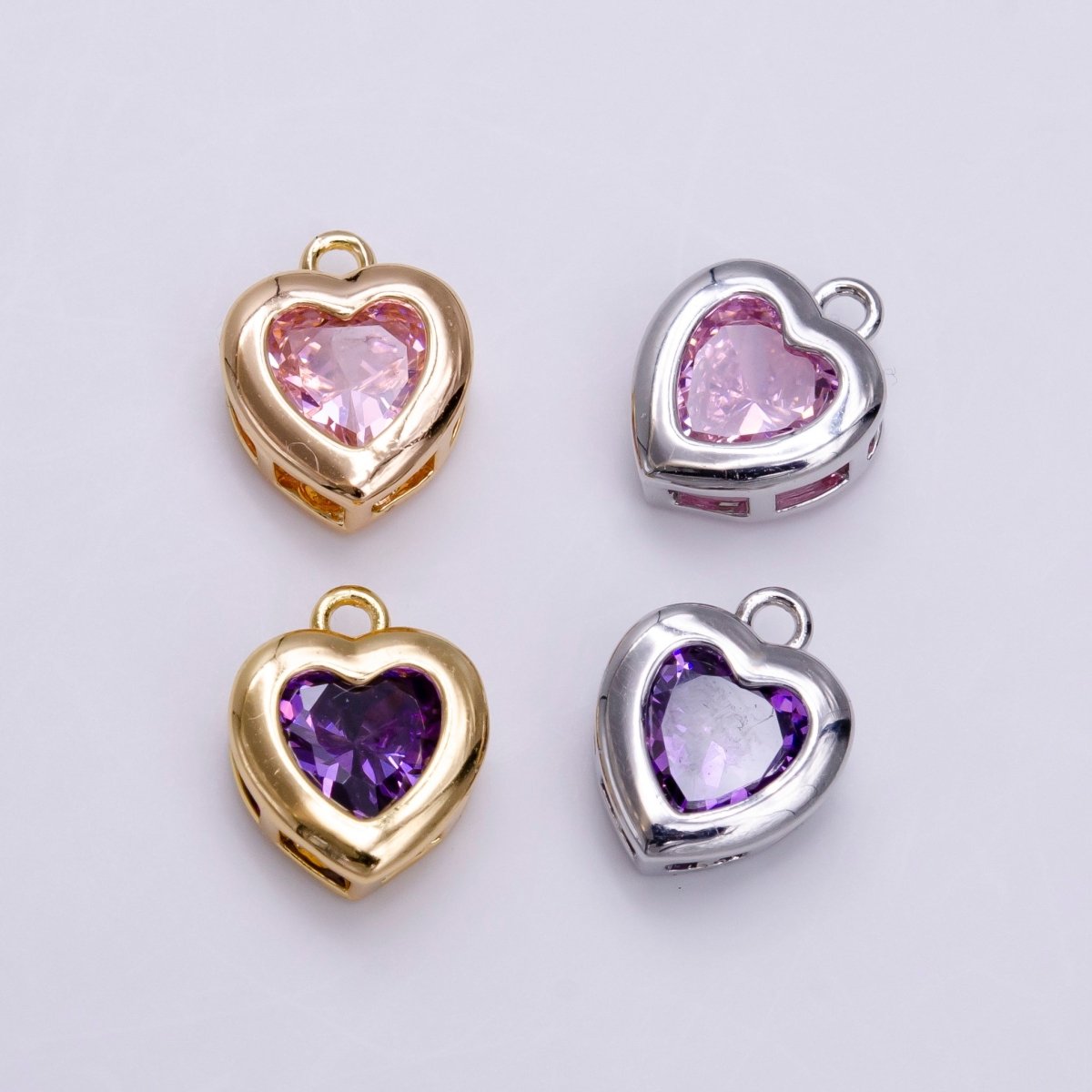 14K Gold Filled Pink, Purple CZ Heart Framed Add-On Mini Charm in Gold & Silver | C-655 ,C-662,C-665,C-680 - DLUXCA