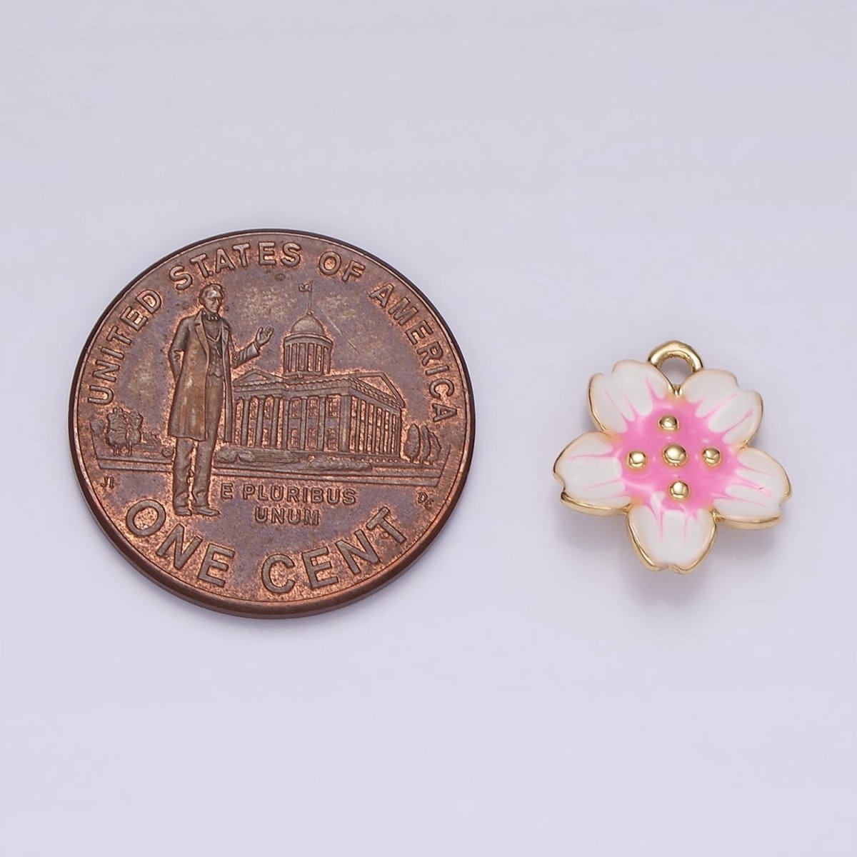 14K Gold Filled Pink White Dotted Sakura Flower Petal Puffed Mini Charm | AG611 - DLUXCA