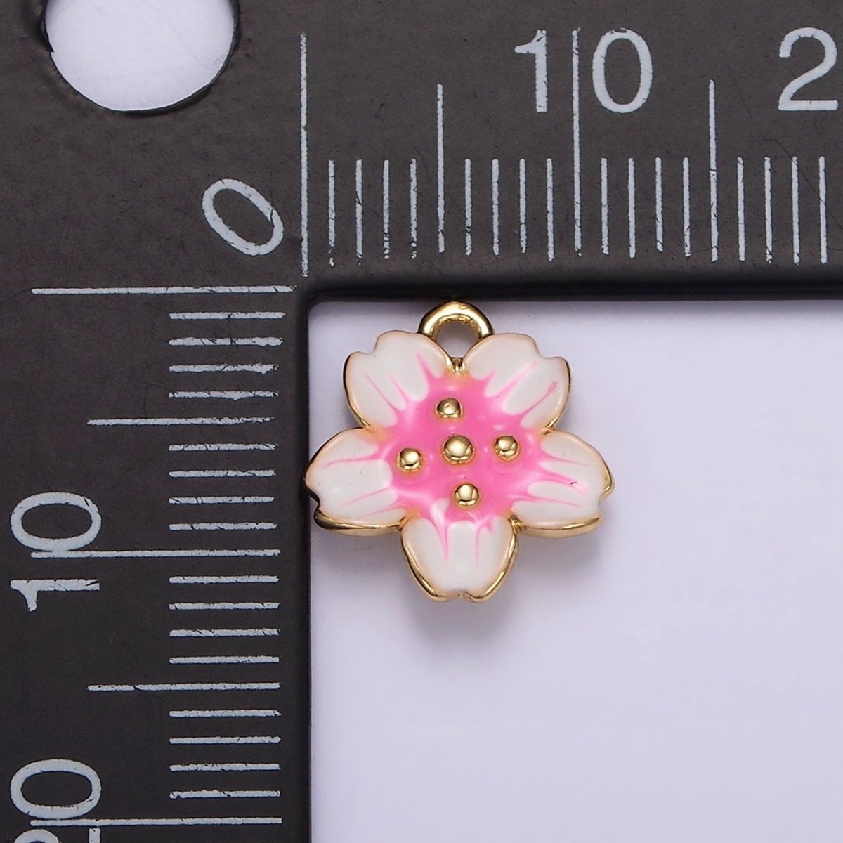 14K Gold Filled Pink White Dotted Sakura Flower Petal Puffed Mini Charm | AG611 - DLUXCA