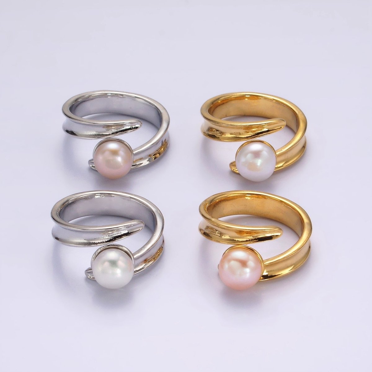 14K Gold Filled Pink, White Pearl Curved Wrap Band Minimalist Ring in Gold & Silver | O1086 - O1089 - DLUXCA