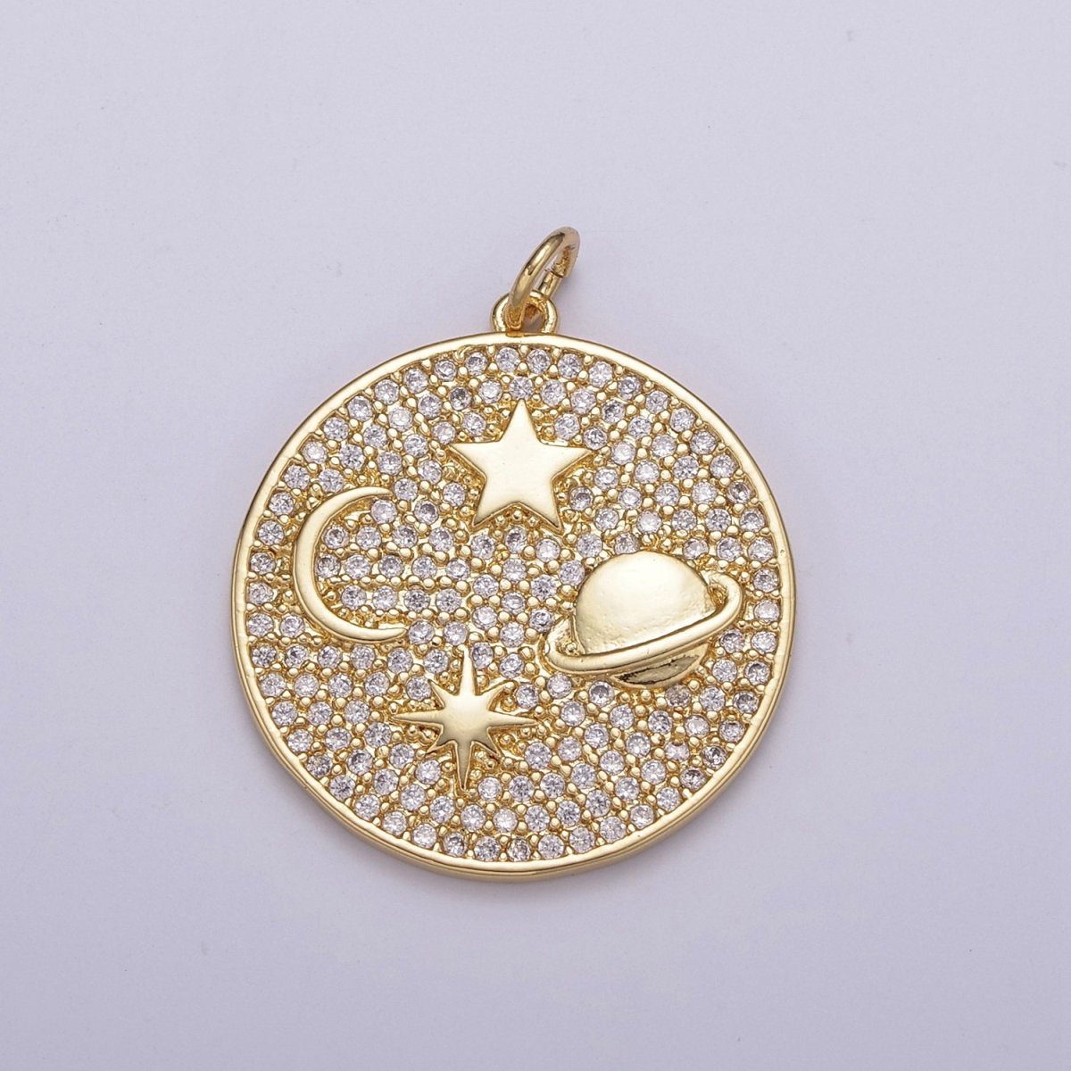 14k Gold Filled Planet & Stars Charm, Planet Charm, Star Jewelry, Space Galaxy Pendant Cubic Zirconia Finding N-237 - DLUXCA