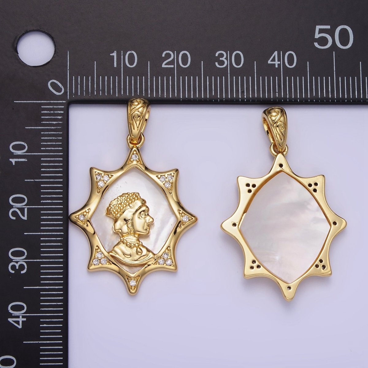 14K Gold Filled Portrait Shell Pearl Celestial Star CZ Micro Paved Pendant | AA1130 - DLUXCA