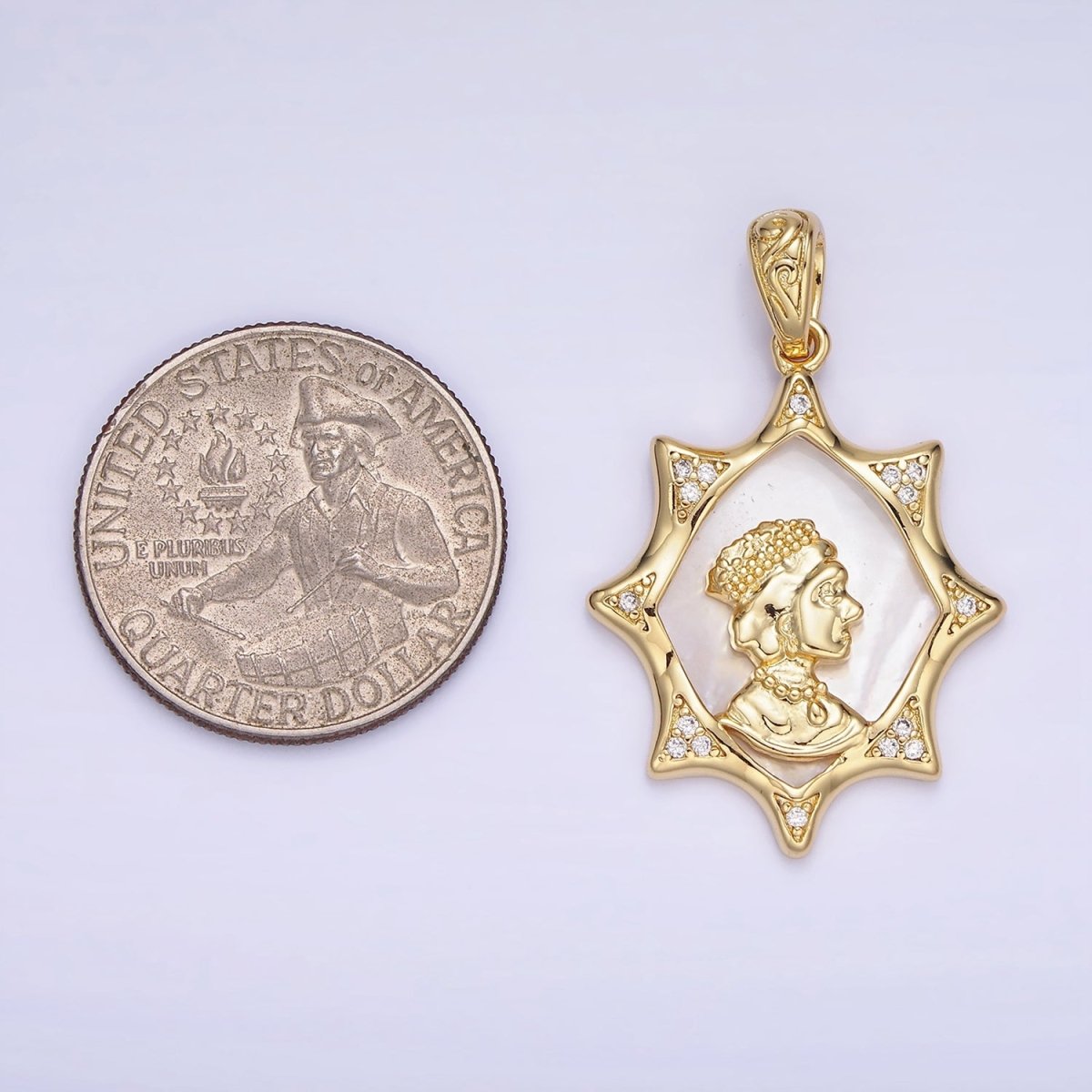 14K Gold Filled Portrait Shell Pearl Celestial Star CZ Micro Paved Pendant | AA1130 - DLUXCA
