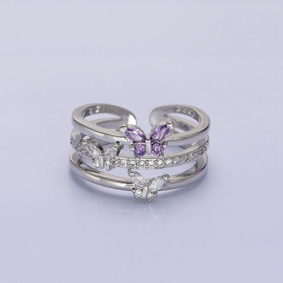 14K Gold Filled Purple CZ Butterfly Mariposa Clear Micro Paved Triple Band Ring in Gold & Silver | O-1559 O-1560 - DLUXCA