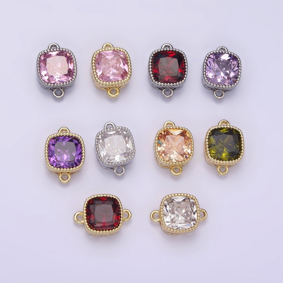 14K Gold Filled Purple, Red, Pink, Clear, Peach, Green CZ Square Filigree Connector in Gold & Silver | G-065 - G-074 - DLUXCA