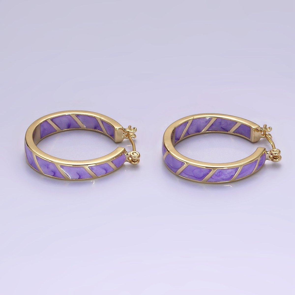 14K Gold Filled Purple, Teal, Pink, White Enamel Front-Facing Round Latch Hoop Earrings | AE945 - AE948 - DLUXCA