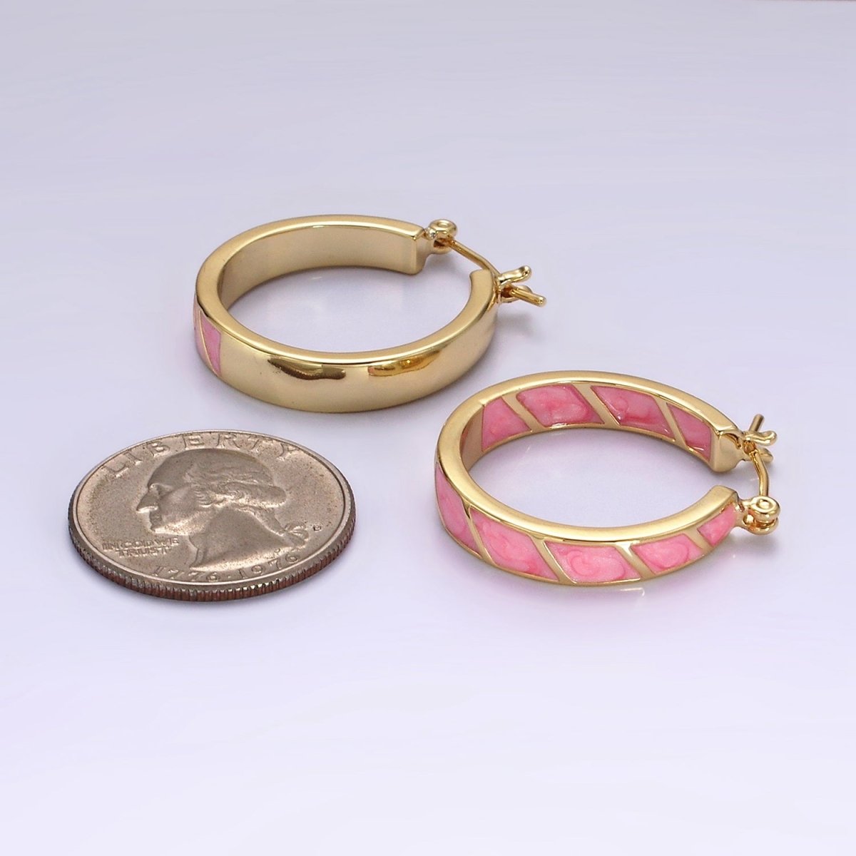 14K Gold Filled Purple, Teal, Pink, White Enamel Front-Facing Round Latch Hoop Earrings | AE945 - AE948 - DLUXCA