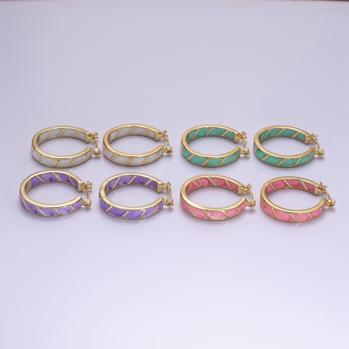 14K Gold Filled Purple, Teal, Pink, White Enamel Front-Facing Round Latch Hoop Earrings | AE945 - AE948 - DLUXCA
