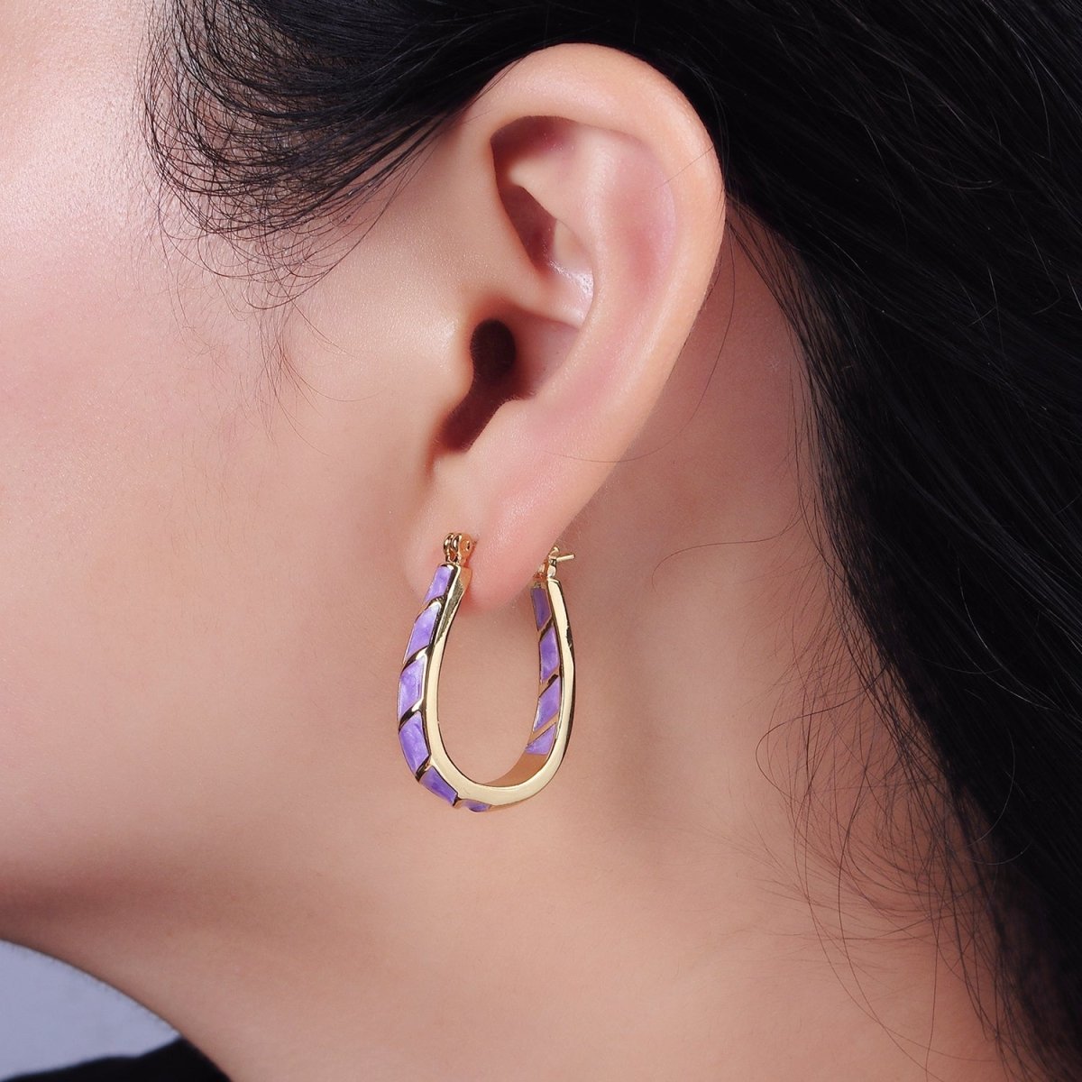 14K Gold Filled Purple, Teal, Pink, White Enamel Front-Facing U-Shaped Latch Hoop Earrings | AE951 - AE954 - DLUXCA