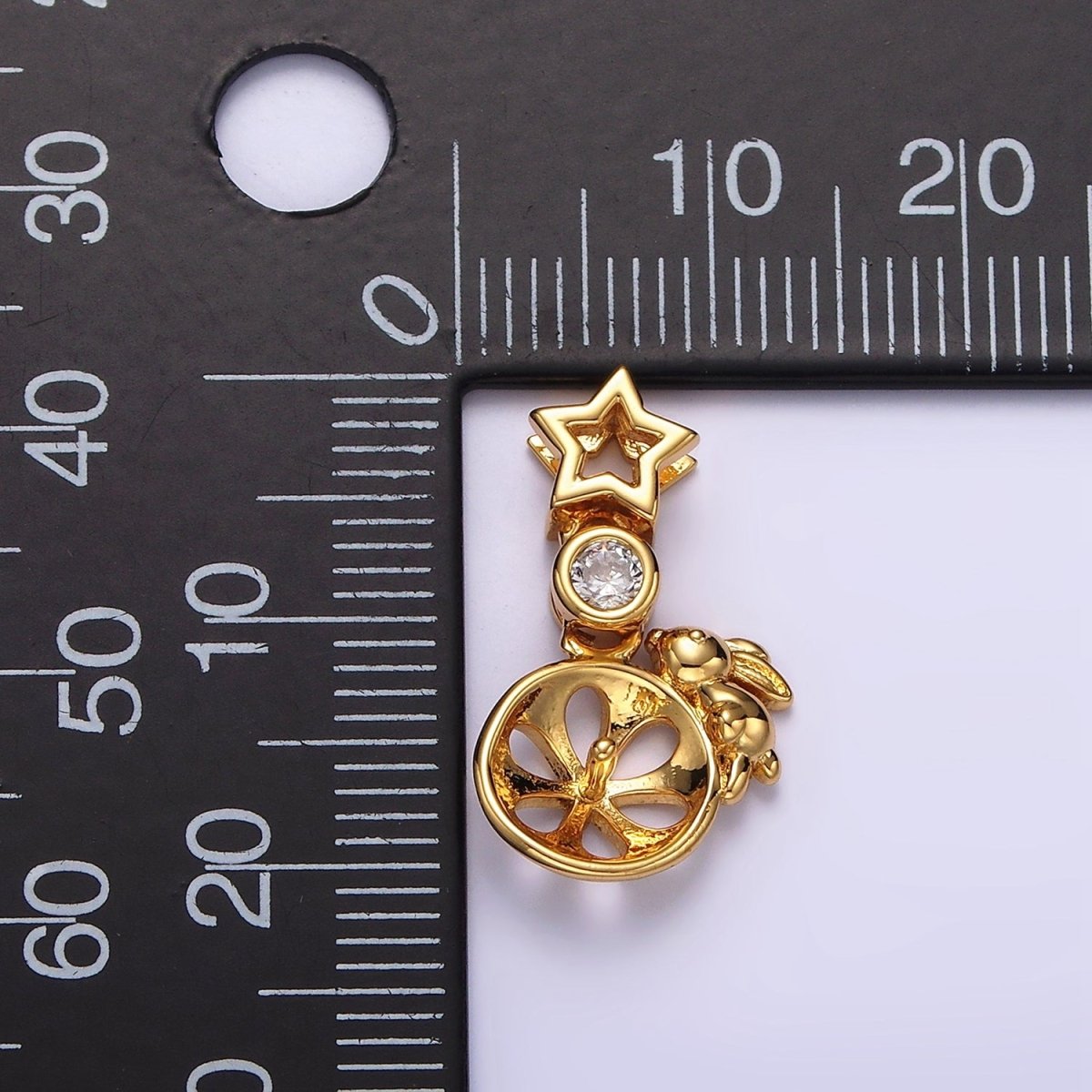 14K Gold Filled Rabbit Bunny Animal Wheel CZ Celestial Star Open Pendant in Gold & Silver | N1854 N1855 - DLUXCA