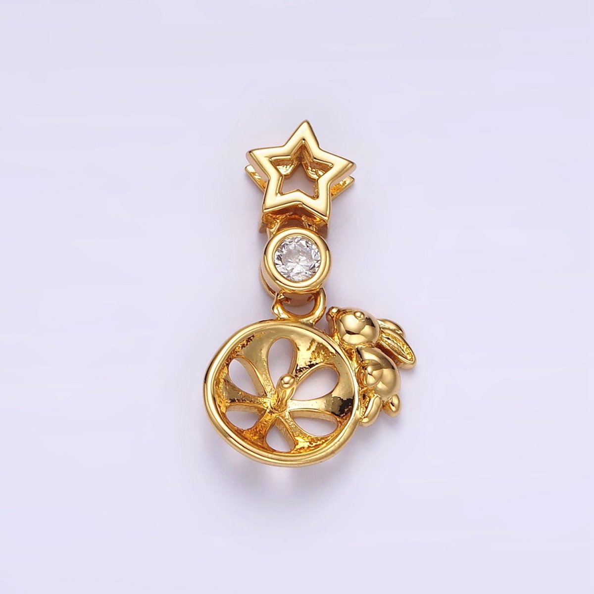 14K Gold Filled Rabbit Bunny Animal Wheel CZ Celestial Star Open Pendant in Gold & Silver | N1854 N1855 - DLUXCA