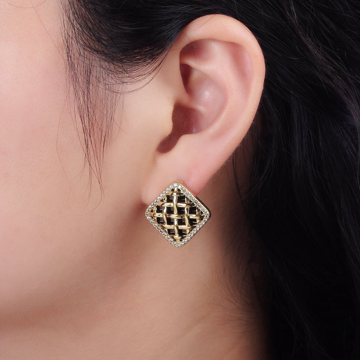 14K Gold Filled Rattan Black Acrylic Micro Paved CZ Rhombus Stud Earrings | AE686 - DLUXCA