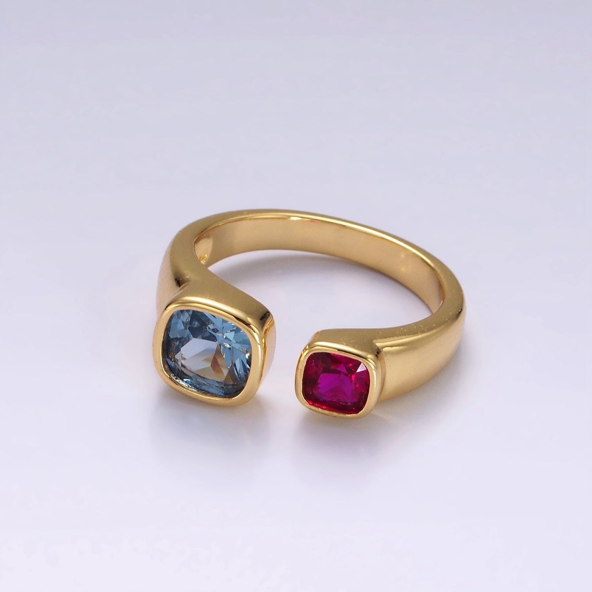 14K Gold Filled Red Blue Square CZ Open Claw Ring | O1059 - DLUXCA