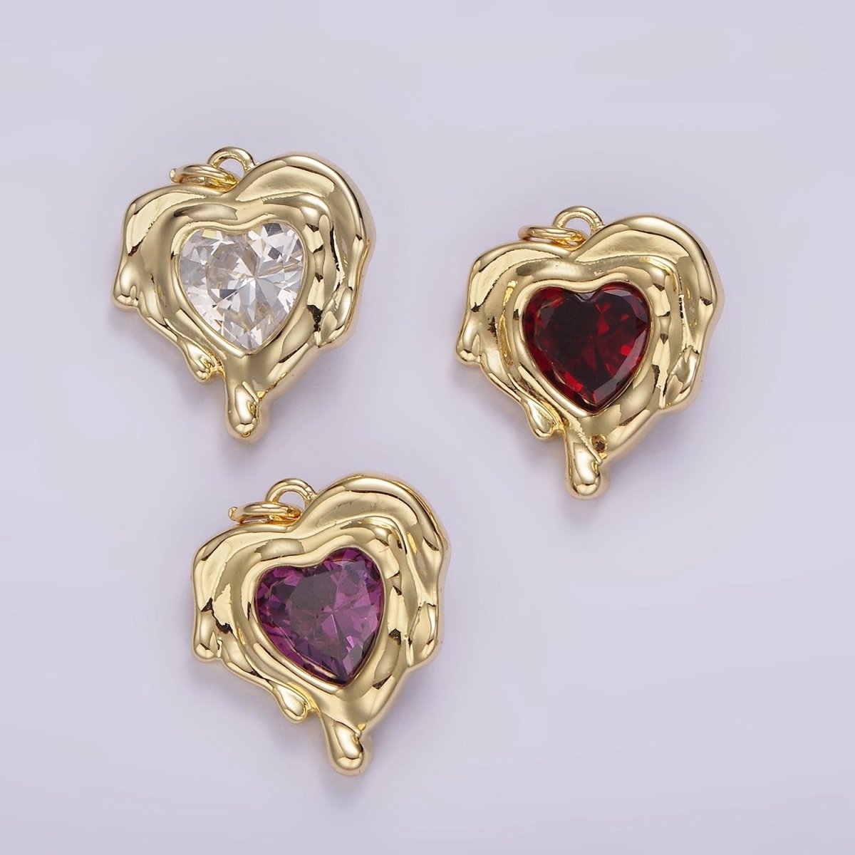 14K Gold Filled Red, Clear, Purple CZ Heart Molten Drip Bezel Charm | AG506 - AG508 - DLUXCA