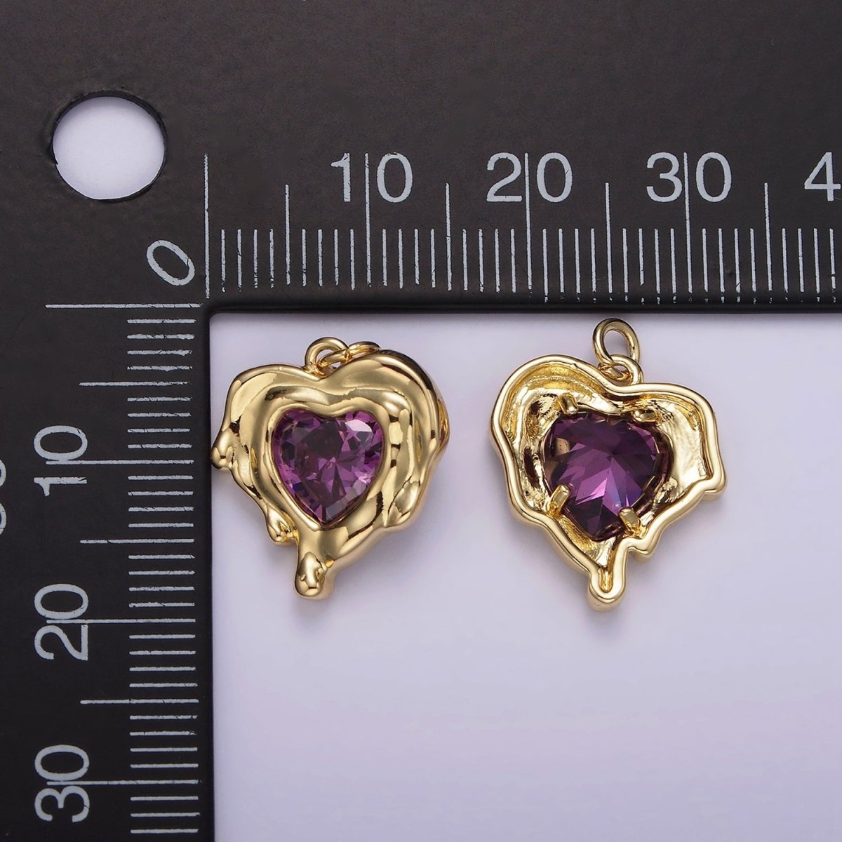 14K Gold Filled Red, Clear, Purple CZ Heart Molten Drip Bezel Charm | AG506 - AG508 - DLUXCA