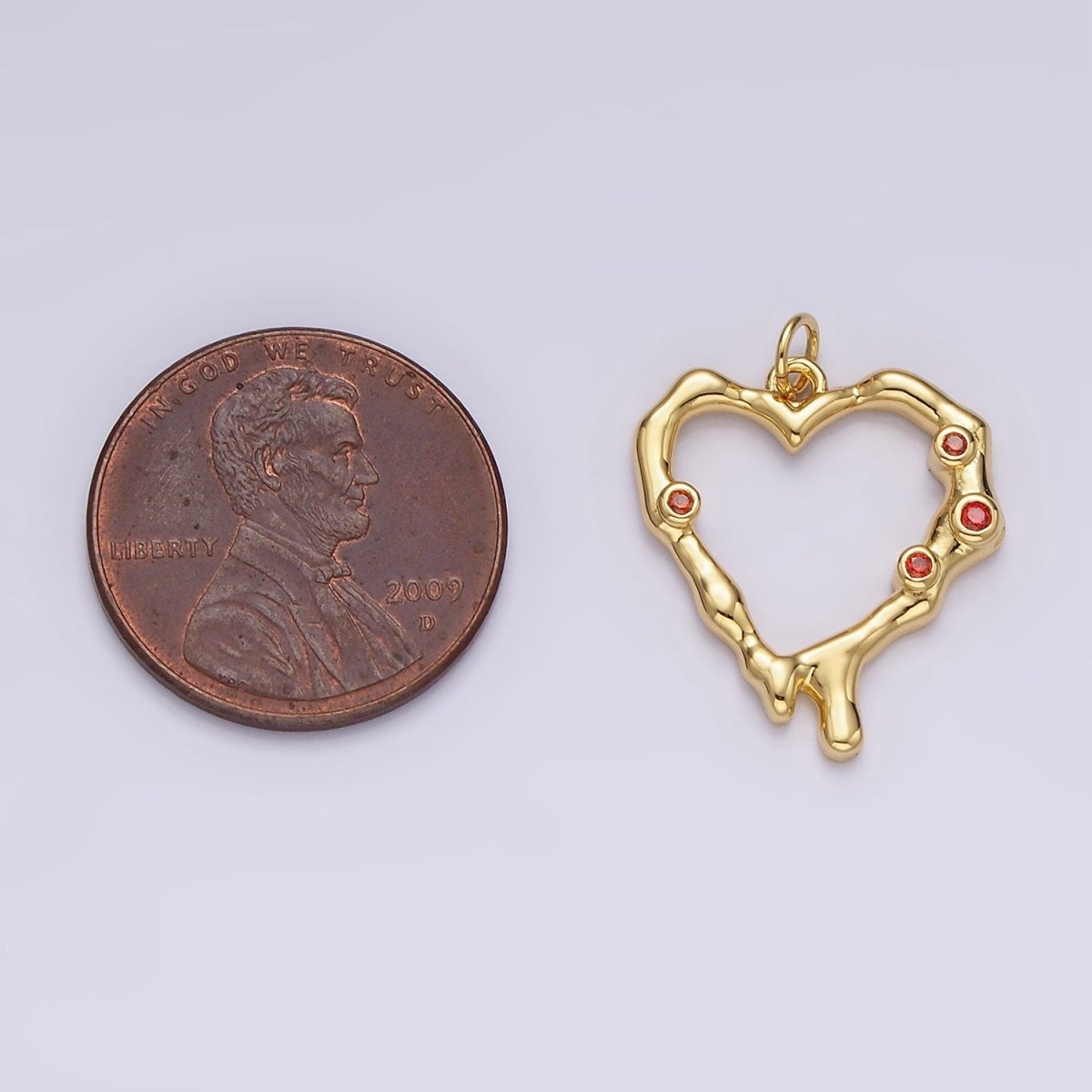 14K Gold Filled Red CZ Dotted Molten Drip Open Heart Charm | AC787 - DLUXCA