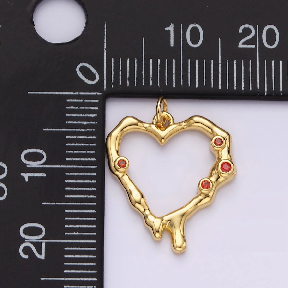 14K Gold Filled Red CZ Dotted Molten Drip Open Heart Charm | AC787 - DLUXCA