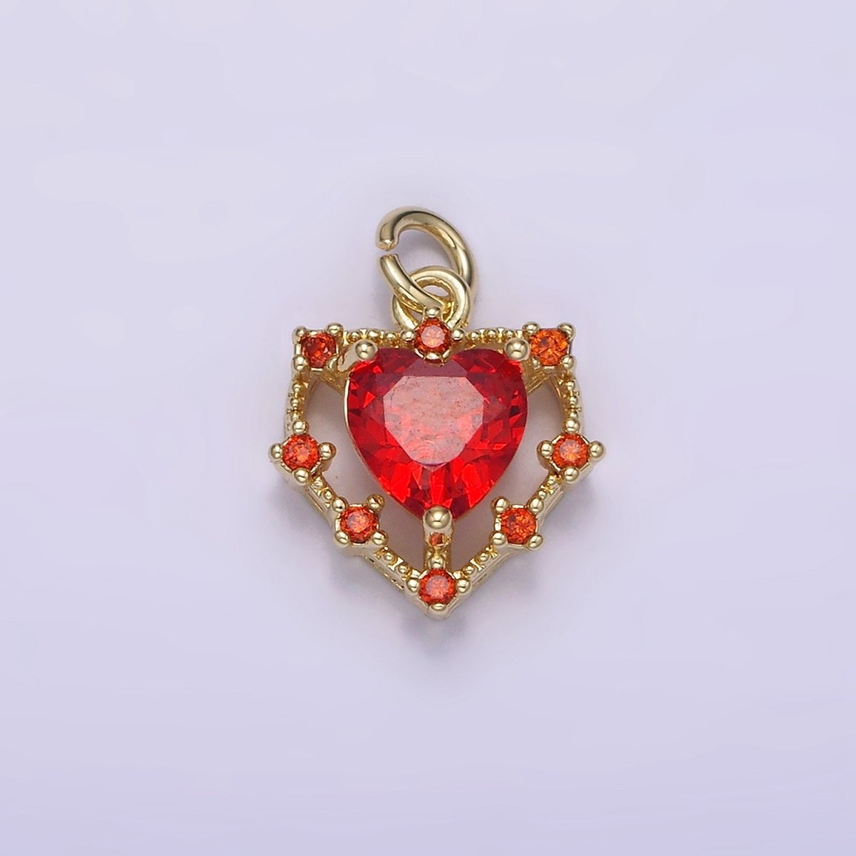 14K Gold Filled Red CZ Dotted Open Heart Charm | AG207 - DLUXCA