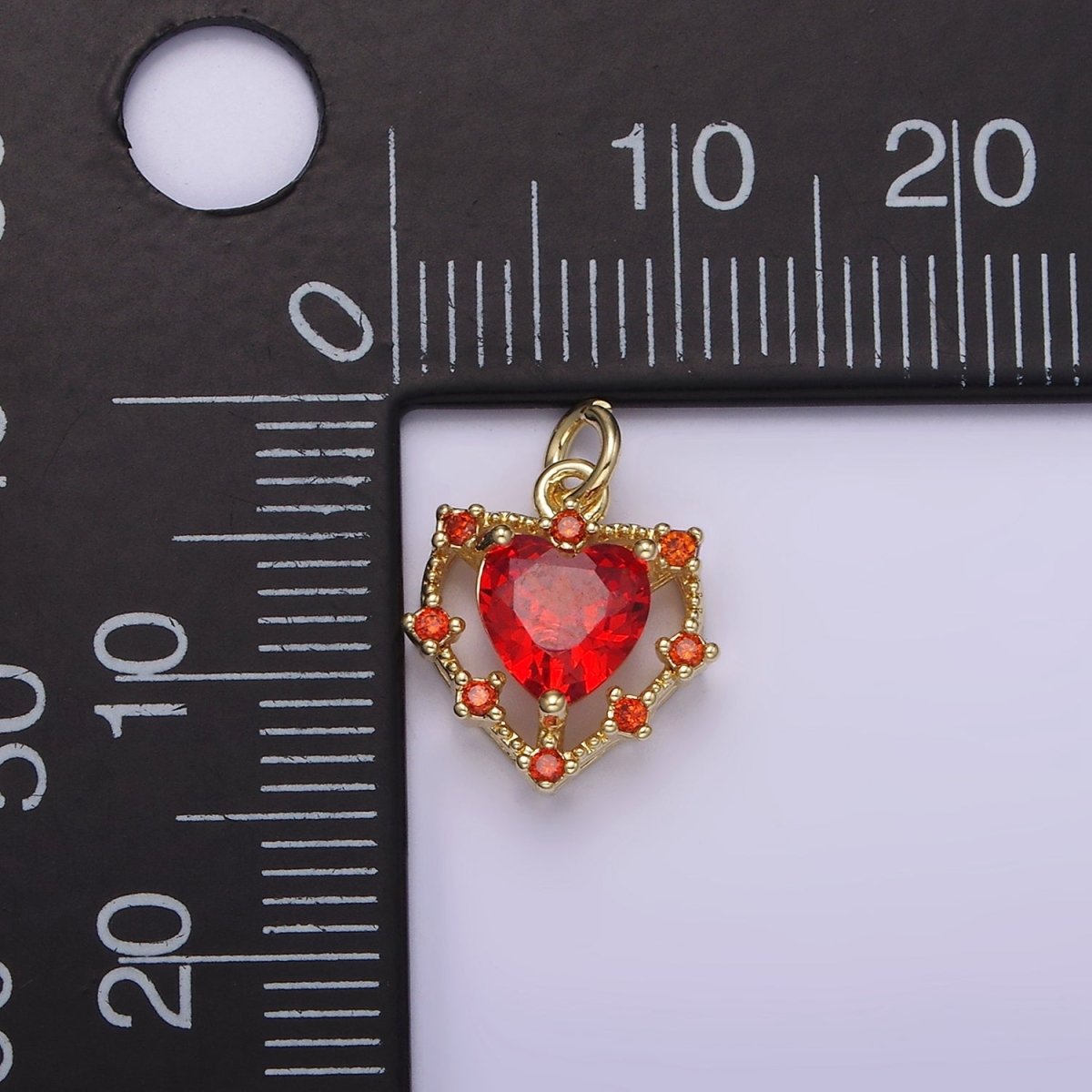 14K Gold Filled Red CZ Dotted Open Heart Charm | AG207 - DLUXCA