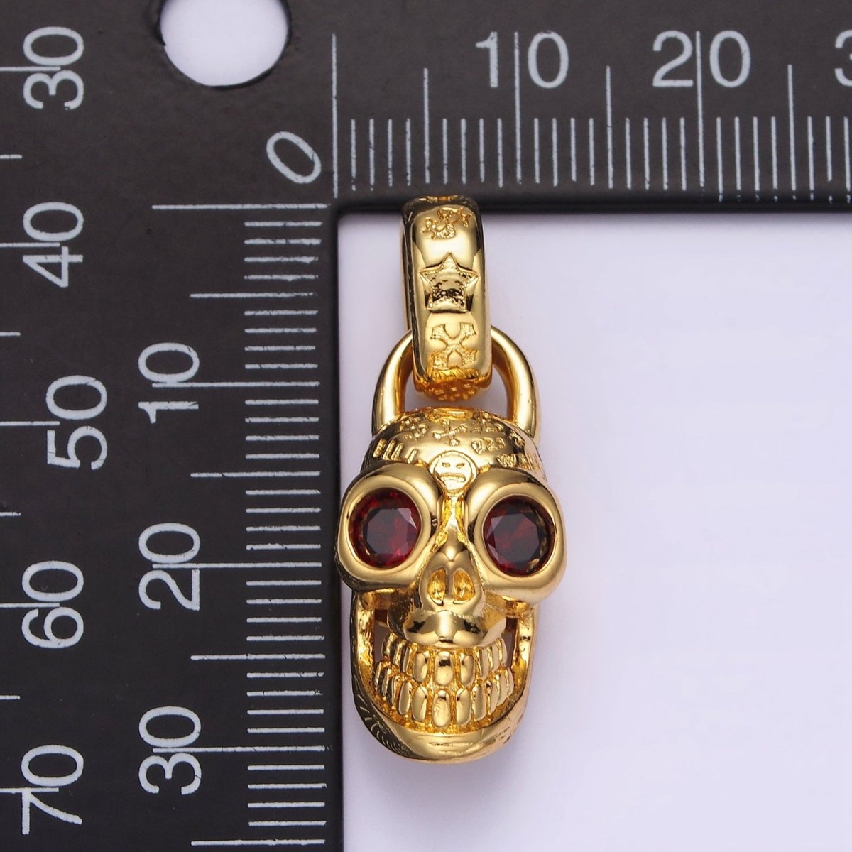 14K Gold Filled Red CZ Eyed Engraved Skeleton Skull Pendant in Gold & Silver | AC860 AC861 - DLUXCA