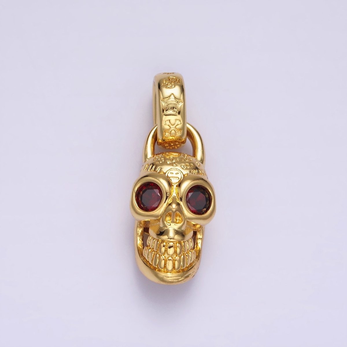 14K Gold Filled Red CZ Eyed Engraved Skeleton Skull Pendant in Gold & Silver | AC860 AC861 - DLUXCA