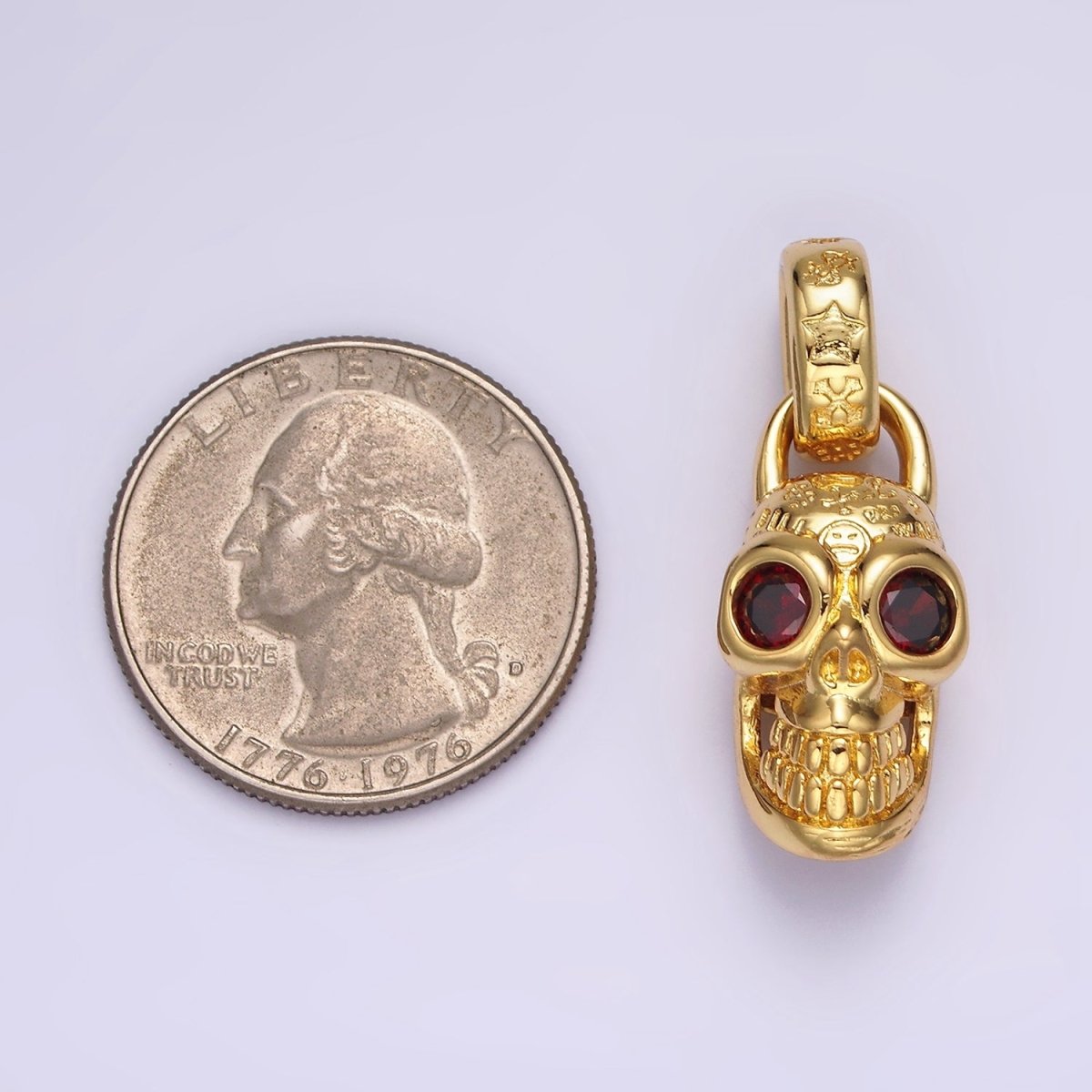 14K Gold Filled Red CZ Eyed Engraved Skeleton Skull Pendant in Gold & Silver | AC860 AC861 - DLUXCA