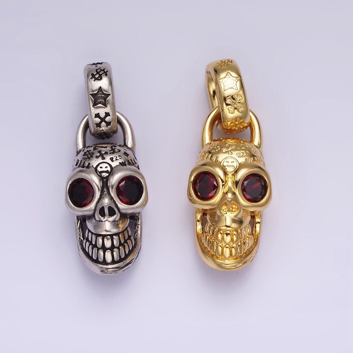 14K Gold Filled Red CZ Eyed Engraved Skeleton Skull Pendant in Gold & Silver | AC860 AC861 - DLUXCA